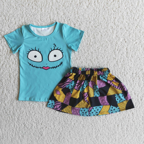 Patchwork Blue Smile Skirt Sets Girls Halloween Outfits