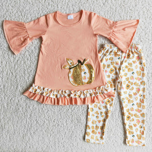 Gold Pumpkin Embroidery Girls Short Sleeve+Trousers Sets