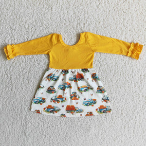 Pumpkin Truck Yellow Girls Long Sleeve Dress