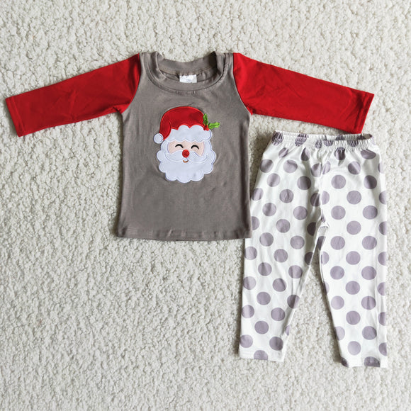 Promotional Santa Embroidery Gray Polka Dots Boys Christmas Pajamas