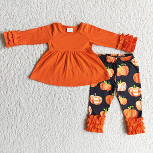 Pumpkin Orange Black Girls Long Sleeve+Trousers Sets