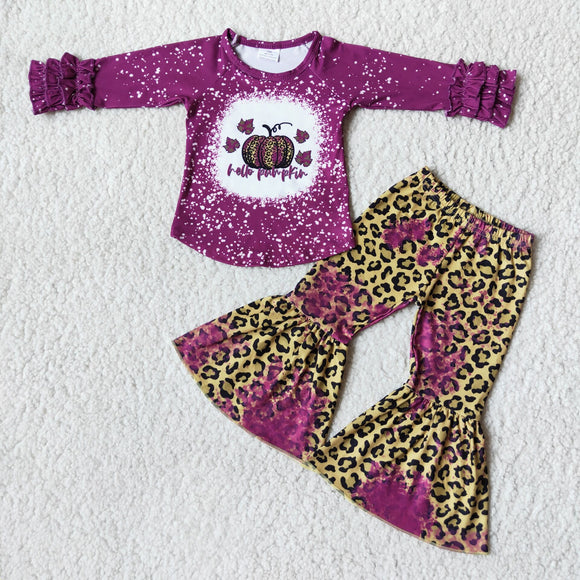 Promotional Leopard Print Hello Pumpkin Purple Girls Long Sleeve+Trousers Sets