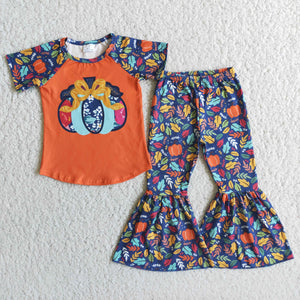 Promotional Pumpkin Leaves Orange Navy Girls Short Sleeve+Trousers Sets