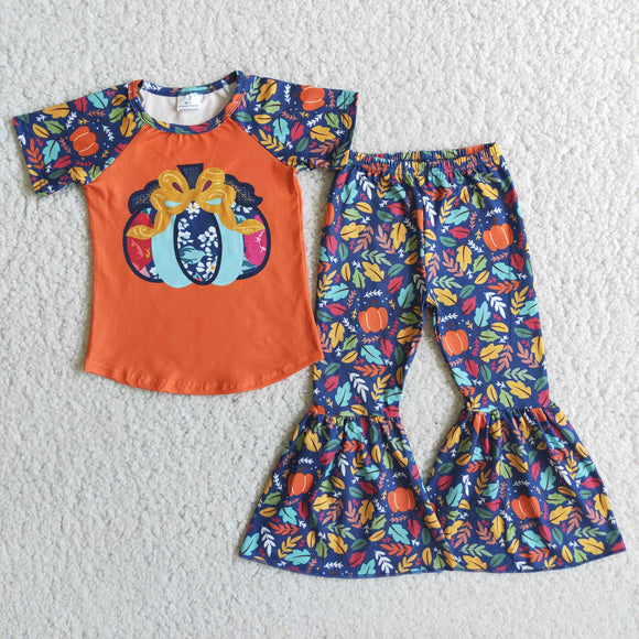 Promotional Pumpkin Leaves Orange Navy Girls Short Sleeve+Trousers Sets