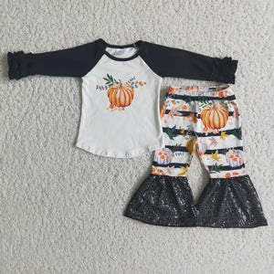 Promotional Pumpkin Sequins Girls Long Sleeve+Trousers Sets