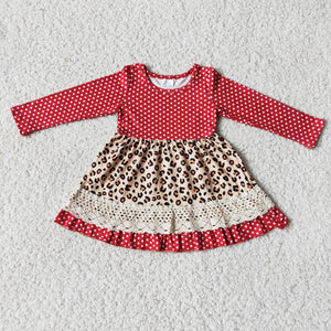 Promotional Lace Polka Dots Leopard Print Red Girls Long Sleeve Dress