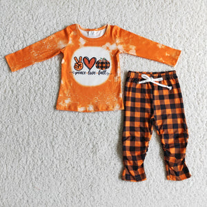 Fall Pumpkin Orange Plaid Girls Long Sleeve+Trousers Sets