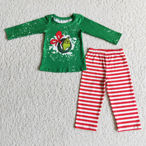 Promotional Cartoon Green Red Stripes Boys Christmas Outfits