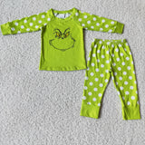 Cartoon Smile Green White Polka Dots Girls Christmas Pajamas