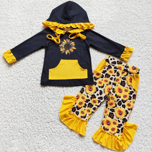 Promotional Sunflower Yellow Ruffles Girls Fall Hoodie Sets