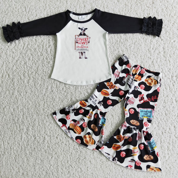 Promotional Food Chick Covert Cow Print Black Girls Long Sleeve+Trousers Sets