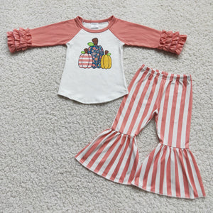 Promotional Pumpkin Pink Stripes Girls Long Sleeve+Trousers Sets