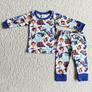 Promotional Cartoon Blue White Boys Long Sleeve Pajamas