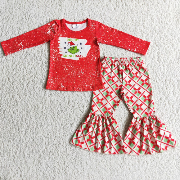 Promotional Cartoon Red Plaid Girls Christmas Outfits