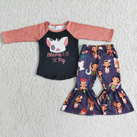 Promotional Cartoon Pig Girls Long Sleeve+Trousers Sets