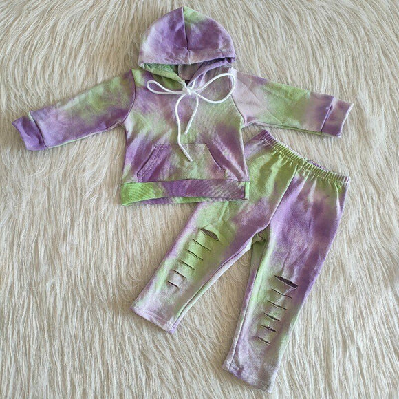 Promotional Purple Green Tie Dye Boys Fall Hoodie Sets