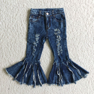 Distressed Tassels Dark Flared Girls Jeans Pants