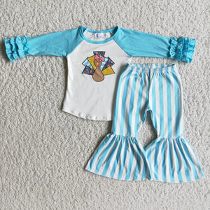 Promotional Turkey Blue Stripes Girls Thanksgiving Outfits