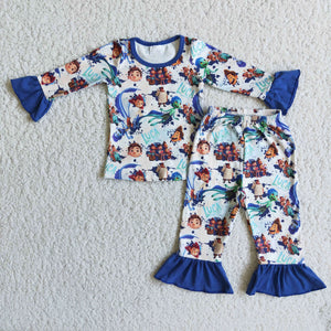 Promotional Cartoon Blue Girls Long Sleeve Pajamas