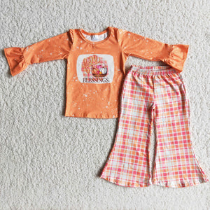 Promotional Blessings Pumpkin Plaid Girls Thanksgiving Outfits