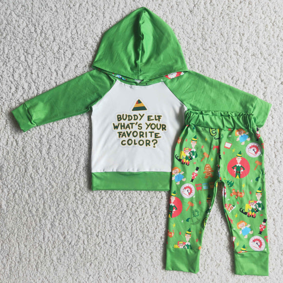 Promotional Cartoon Green Hoodie Sets Boys Christmas Outfits