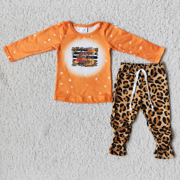 Promotional Pumpkin Orange Leopard Print Girls Long Sleeve+Trousers Sets