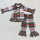 Green Gray Red Plaid Leopard Print Girls Christmas Pajamas