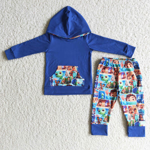 Promotional Cartoon Blue Boys Fall Hoodie Sets