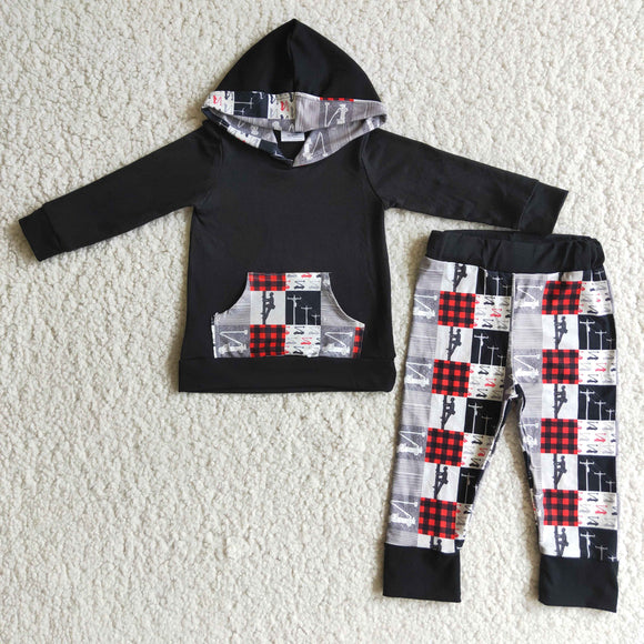 Cartoon Black Plaid Boys Fall Hoodie Sets