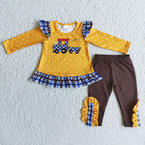 Promotional Pumpkin Truck Yellow Brown Girls Long Sleeve+Trousers Sets