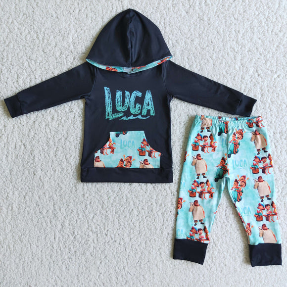 Promotional Cartoon Black Sky Blue Boys Fall Hoodie Sets