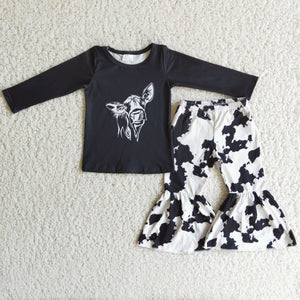 Promotional Cow Print Black Girls Long Sleeve+Trousers Sets