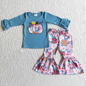 Pumpkin Embroidery Floral Blue Girls Long Sleeve+Trousers Sets