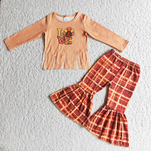 Promotional Love Turkey Tassle Plaid Girls Thanksgiving Outfits