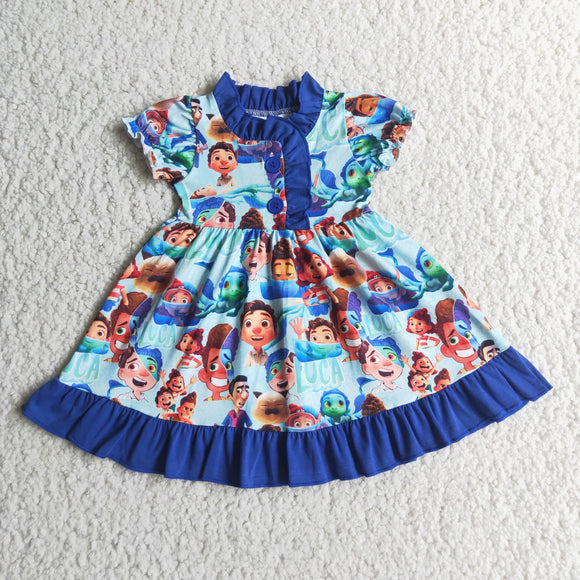 Promotional Cartoon Blue Girls Short Sleeve Dress