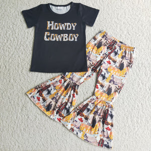 Promotional Howdy Cowboy Black Girls Short Sleeve+Trousers Sets