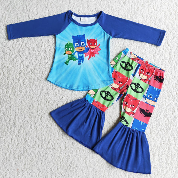 Promotional Cartoon Blue Raglan Girls Long Sleeve+Trousers Sets