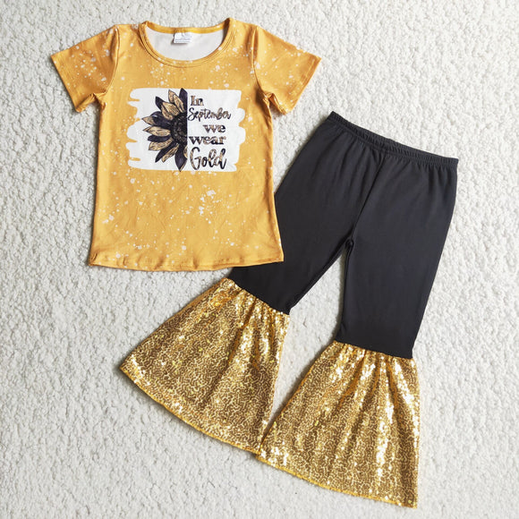 Promotional Sequin Sunflower Girls Short Sleeve+Trousers Sets