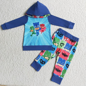 Promotional Cartoon Sky Blue Boys Fall Hoodie Sets