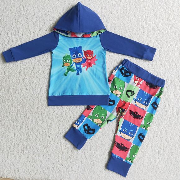 Promotional Cartoon Sky Blue Boys Fall Hoodie Sets