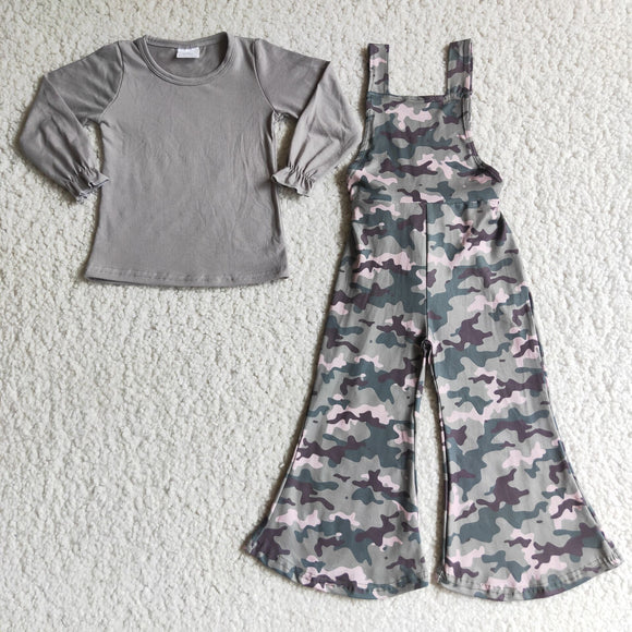 Camo Gray Girls Suspender Pants Overalls Sets