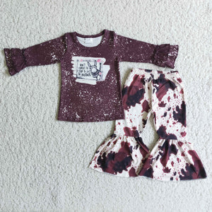 Promotional Cow Print Brown Girls Long Sleeve+Trousers Sets