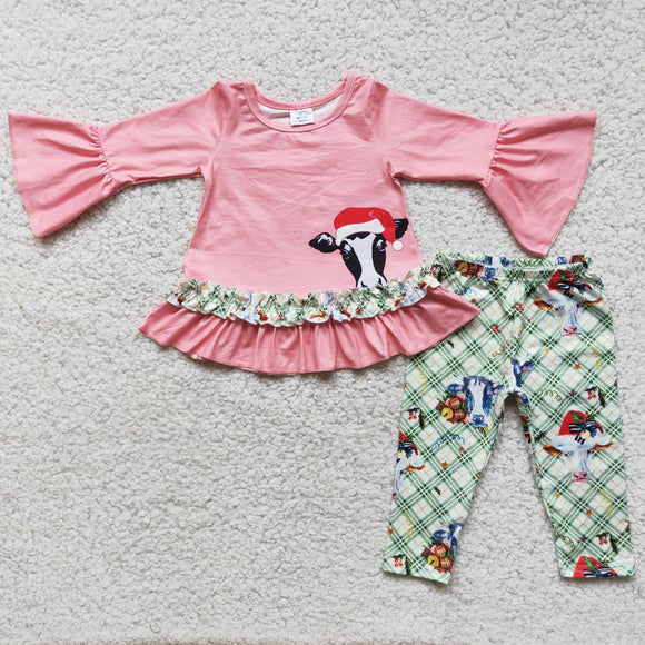 Promotional Cow Green Plaid Pink Girls Christmas Outfits