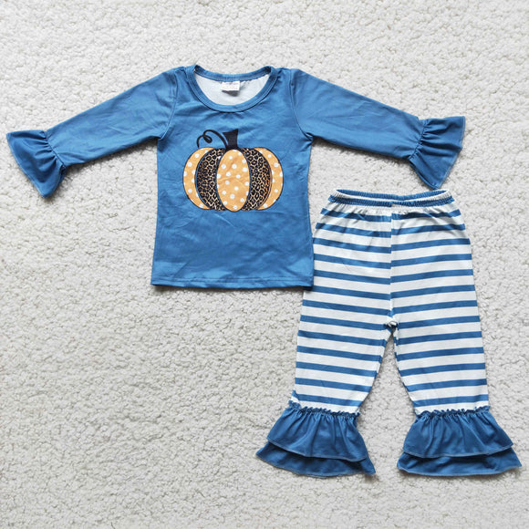 Promotional Pumpkin Blue Stripes Girls Long Sleeve+Trousers Sets