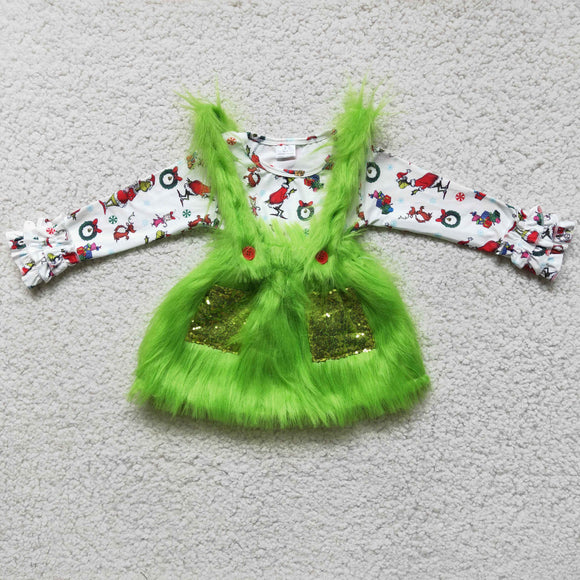 Cartoon Suspenders Green Fur Dress Girls Christmas Outfits