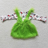 Cartoon Suspenders Green Fur Dress Girls Christmas Outfits