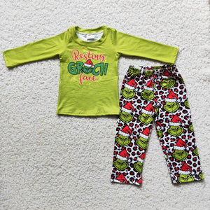 Promotional Cartoon Green Leopard Print Boys Christmas Outfits