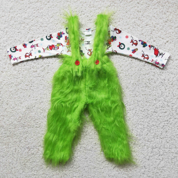 Cartoon Suspenders Green Fur Pants Boys Christmas Outfits