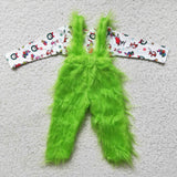 Cartoon Suspenders Green Fur Pants Boys Christmas Outfits