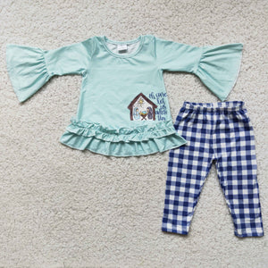 Promotional Jesus Adore Plaid Blue Legging Girls Long Sleeve+Trousers Sets